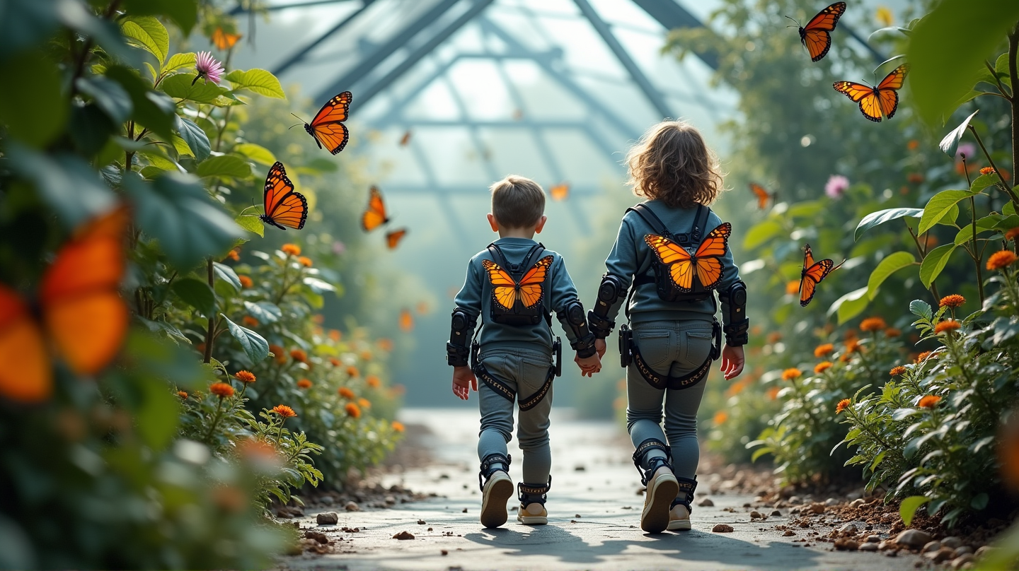 Vislumbre de Movilidad: Niños Caminando entre Mariposas con Ayuda Robótica